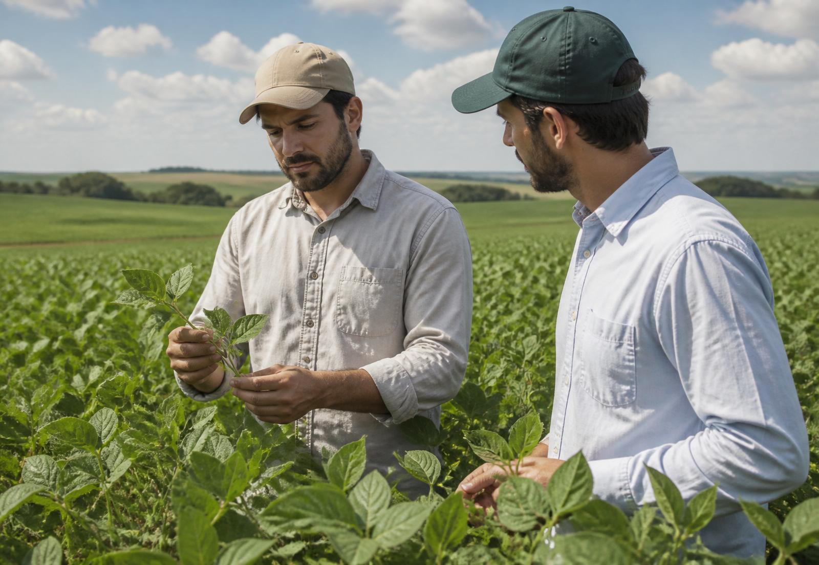 Agrônomos da MTM avaliando lavoura de soja em atendimento técnico